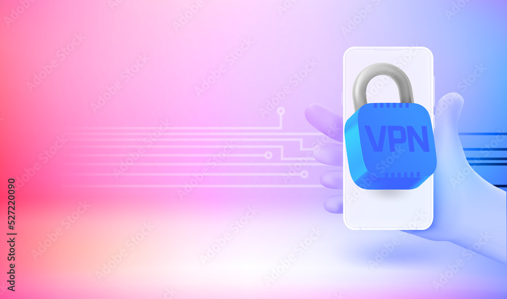 Poster man holding smartphone with vpn service. 3d vector banner with copy space