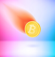 Falling bitcoin wealth concept. 3d vector illustration