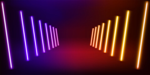 Illuminated interior with empty stage with neon glowing lamps. 3d vector illustration