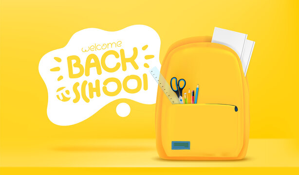 school bag with stationery and Back to school inscription.