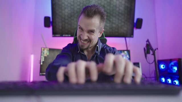 Angry man typing on computer fast from keyboard point of view in cyberspace 4K