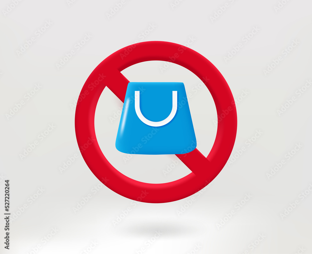 Poster no shopping concept with empty shopping bag icon. 3d vector illustration