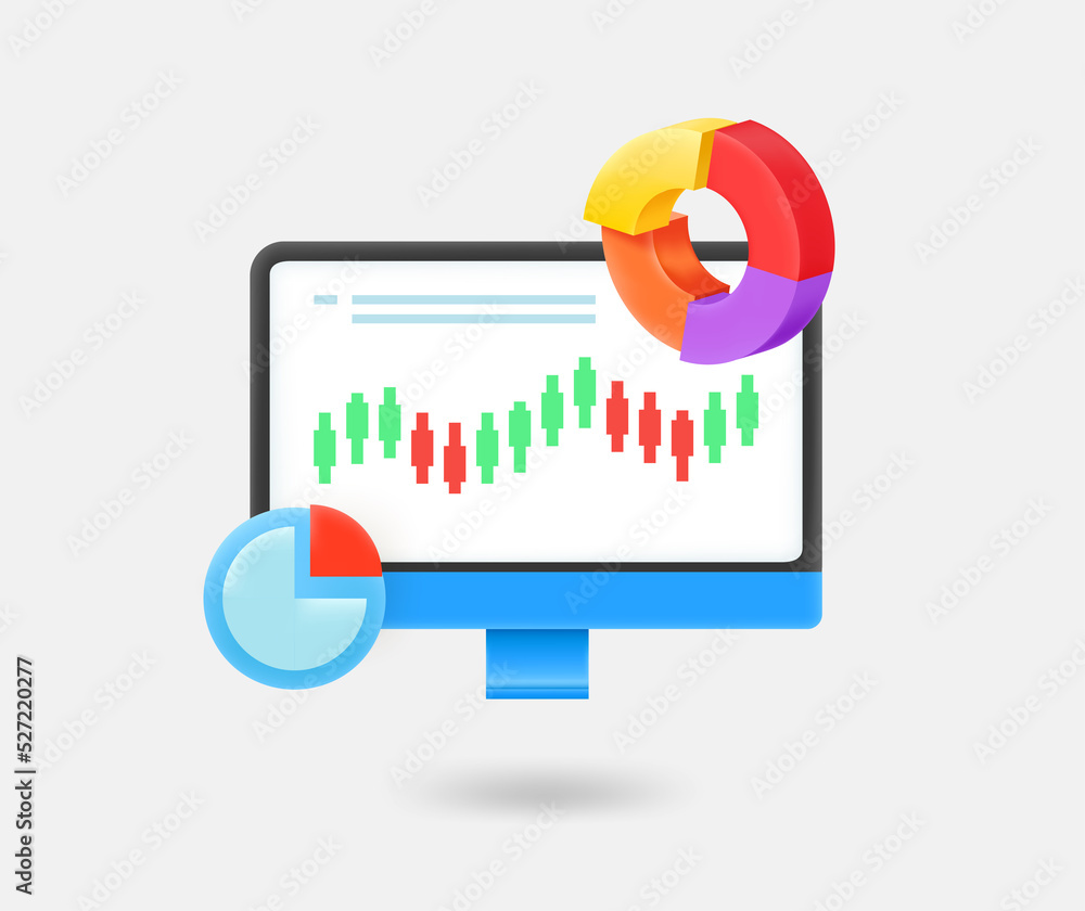 Aufkleber online trading concept with computer monitor and color charts. 3d vector isolated illustration
