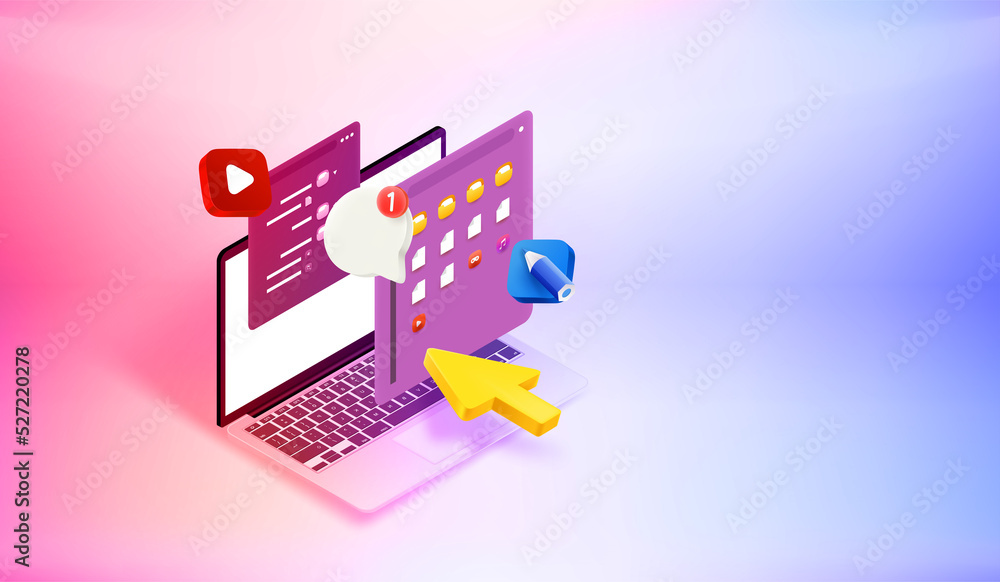 Poster searching media content on computer. 3d vector banner with copy space