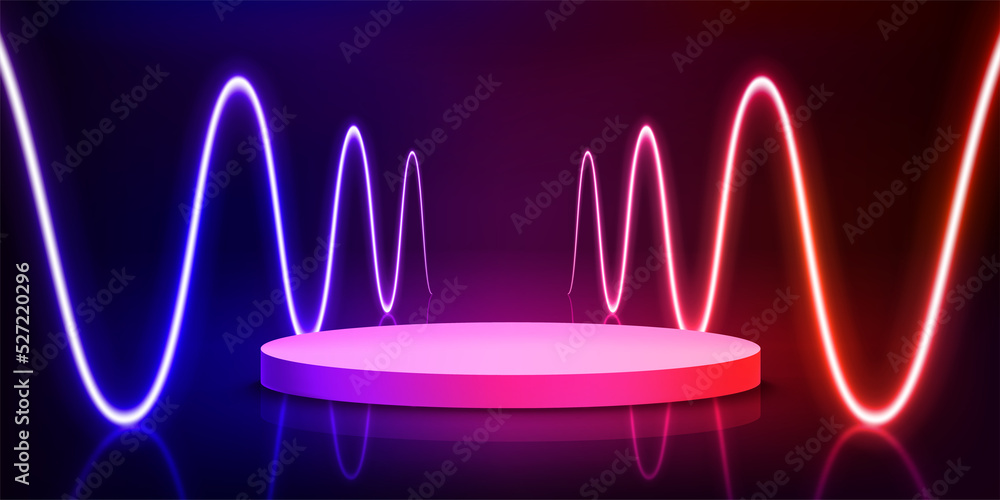 Aufkleber illuminated interior with empty stage and red neon lights. 3d vector illustration