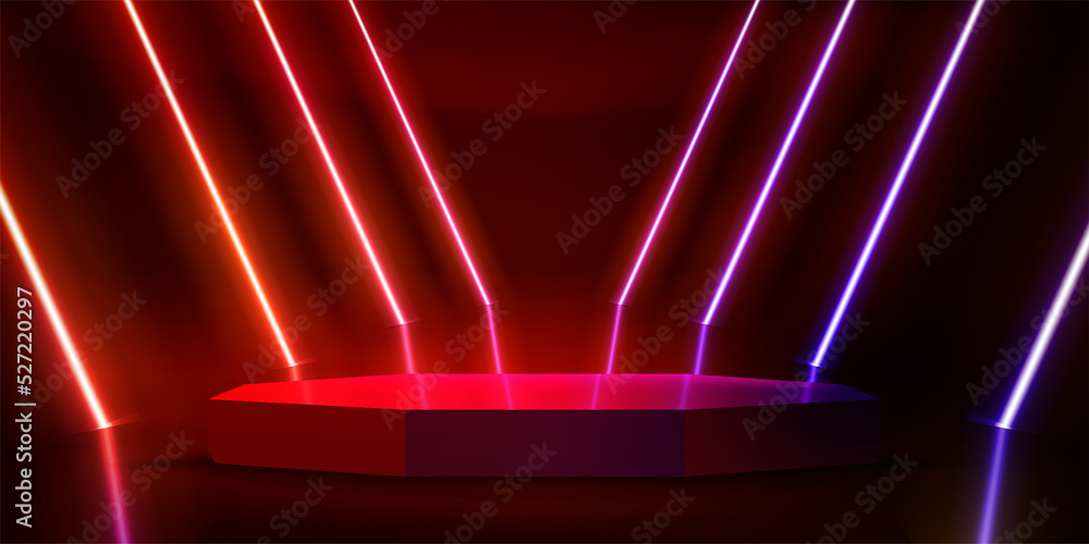 Poster illuminated interior with empty stage and red neon lights. 3d vector illustration