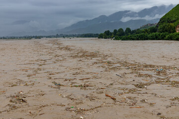 The level of water rises after flood in the river destroying agriculture crop and roads in the...