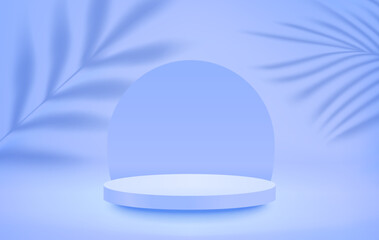 Bright interior with podium and leaf shadows. 3d vector illustration 