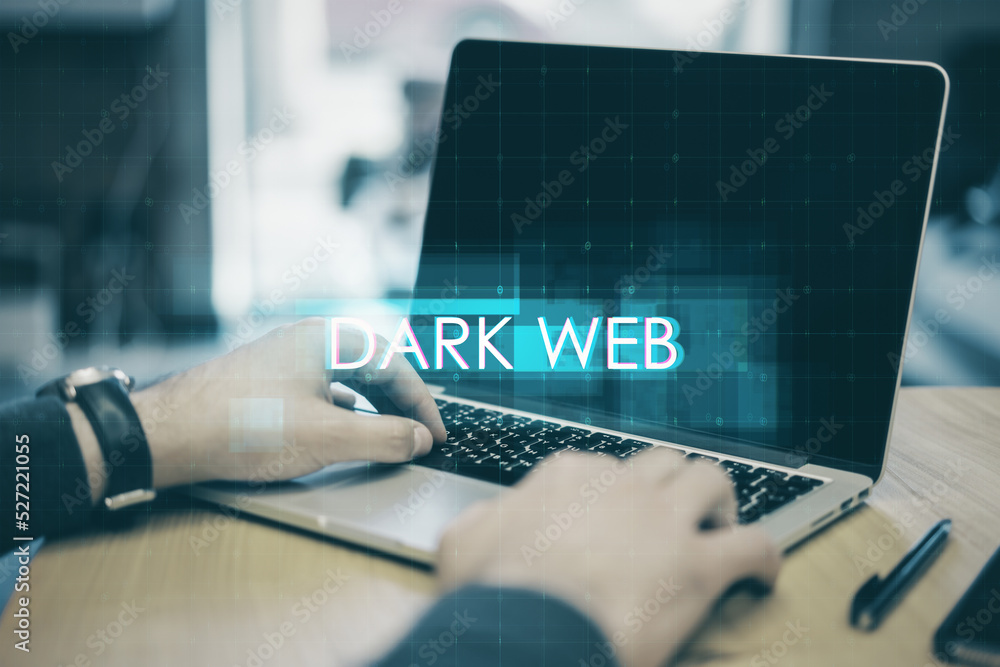 Poster Close up of hands using laptop with creative digital text hologram on blurry background. Dark web, technology and ai concept.