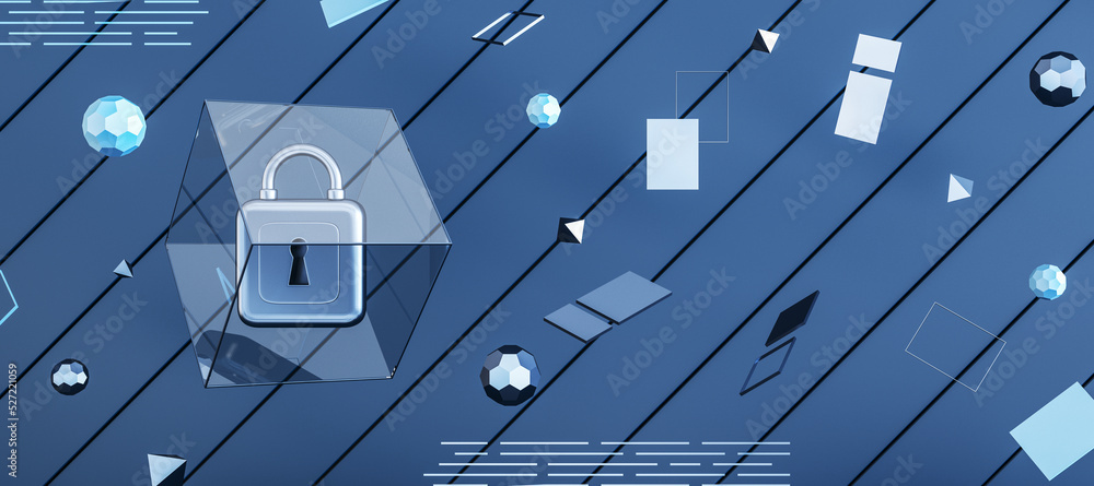 Poster Modern web protection wide blue background with padlock and other icons. Secure, safety and web browser concept. 3D Renderin.