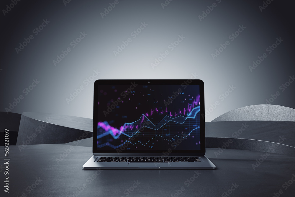 Poster Close up of laptop with abstract glowing candlestick forex chart with index and grid on gray background. Invest, trade, finance ans stock market concept. 3D Rendering.