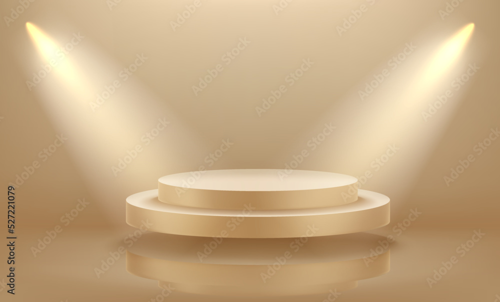 Aufkleber Gold empty interior illuminated with projectors with levitated platform. 3d vector 