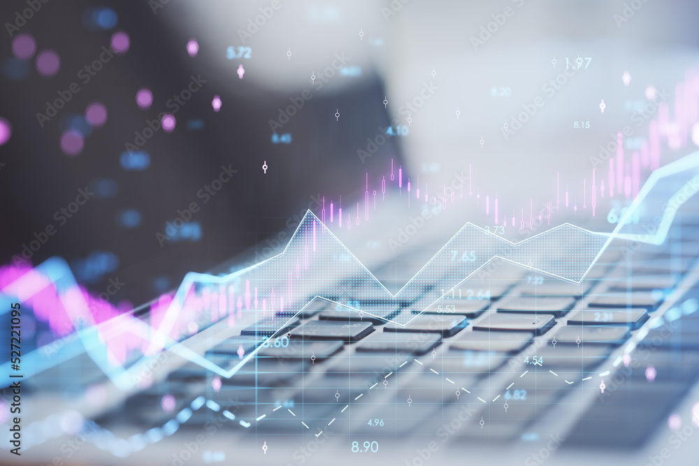 Poster close up of laptop with abstract glowing candlestick forex chart with index and grid on blurry backg