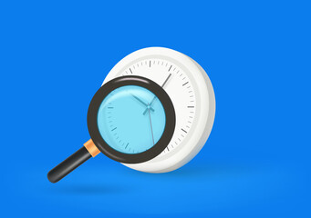 Searching for time concept with clock and magnifier. 3d vector illustration