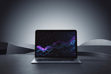 Close up of laptop with abstract glowing candlestick forex chart with index and grid on gray background. Invest, trade, finance ans stock market concept. 3D Rendering.