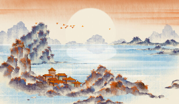 astern autumn scenery painting.Retro -style ink painting.
