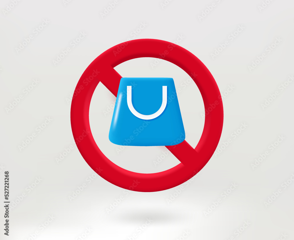 Poster no shopping concept with empty shopping bag icon. 3d vector illustration