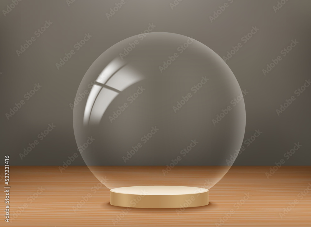 Poster Empty showcase with transparent glass sphere. 3d vector presentation mockup 