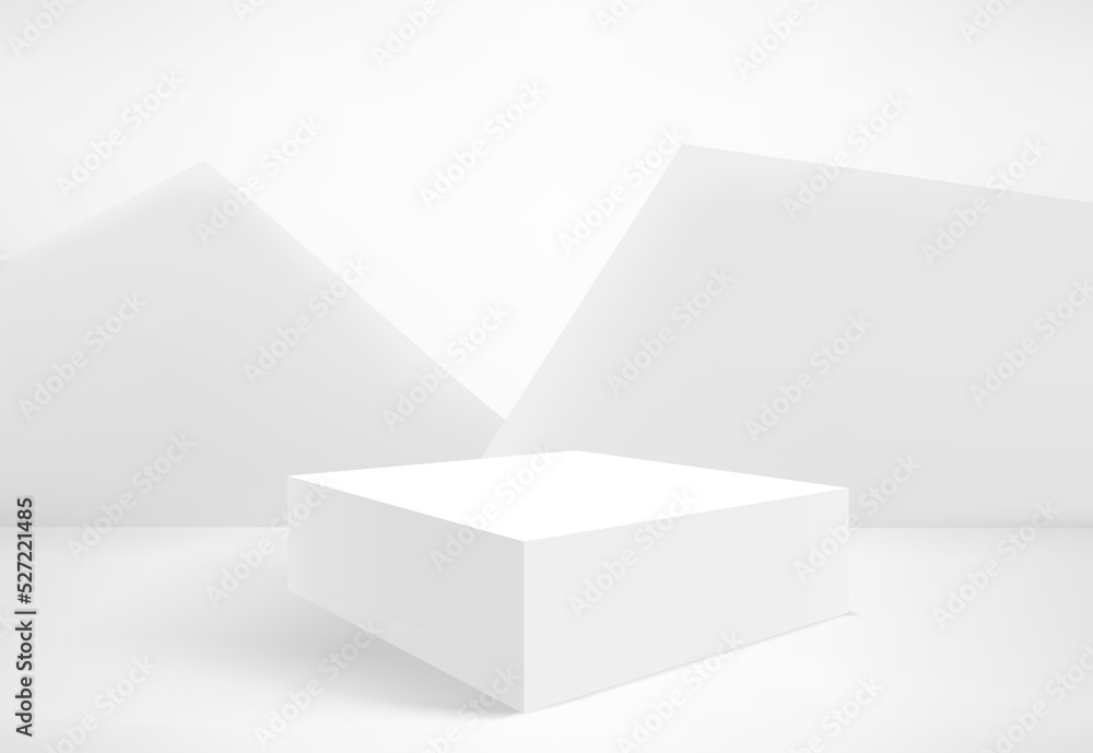 Poster white interior with empty stand. 3d vector showcase