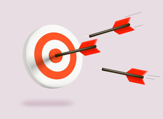 Darts flying to the center of target. 3d vector illustration