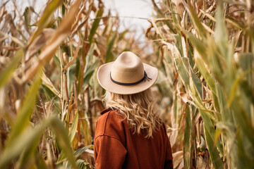 Stylish woman with red coat and cowboy hat is standing in corn field