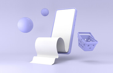 3d mobile bill and bubble with basket on minimal background.