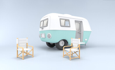 3d camper with chair on minimal background.