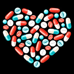 Pills in the shape of a heart. Watercolor illustration. Isolated on a black background.