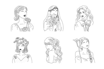 hand drawn woman illustration set of a pencil, line arts of silhouette