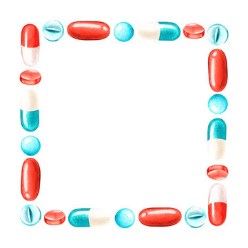 Square frame of pills. Place for text. Watercolor illustration. Isolated on a white background.