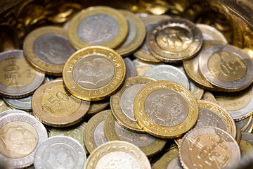 Closeup Turkish Lira coins stacked in selective focus. Business, finance, money, stock market, digital money, saving concept.