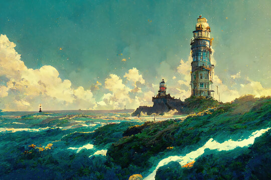 Sea and Lighthouse. Storm Lightning and Dark Cloud.  Fantasy Backdrop. Concept Art. Realistic Illustration. Video Game Background. Digital Book Painting. CG Scenery Artwork. Serious Painting.  
