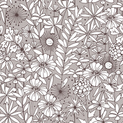 Botanical beige background with different flowers.  Seamless floral pattern. Vector illustration.