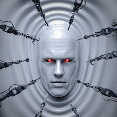 Male robot creation - 3D illustration of science fiction cyborg man forming from molten liquid metal © grandeduc
