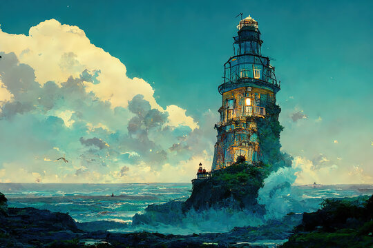 Sea and Lighthouse. Storm Lightning and Dark Cloud.  Fantasy Backdrop. Concept Art. Realistic Illustration. Video Game Background. Digital Book Painting. CG Scenery Artwork. Serious Painting.  
