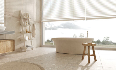 Cozy nomadic minimalist bathroom interior. Hotel room with large bath near the window. 3d render illustration.