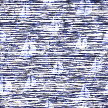 Sail boat at sea. Marine watercolor background. Seamless pattern. Stripes. Trendy design for fabric, wallpaper.