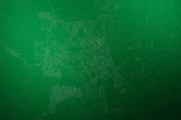 Map of the streets of Marrakesh (Morocco) made with white lines on abstract green background lit by two lights. Top view. 3d render, illustration