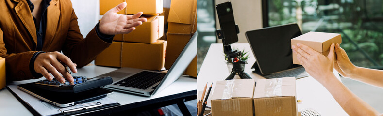 Startup small business entrepreneur or freelance Asian woman using a laptop with box, Young success...