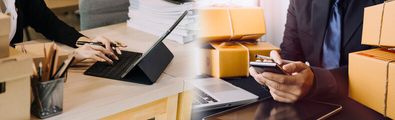 Startup small business entrepreneur or freelance Asian woman using a laptop with box, Young success Asian woman with her hand lift up, online marketing packaging box and delivery, SME concept.