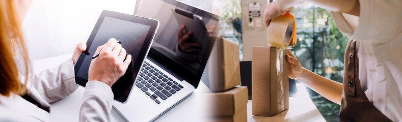 Startup small business entrepreneur or freelance Asian woman using a laptop with box, Young success Asian woman with her hand lift up, online marketing packaging box and delivery, SME concept.