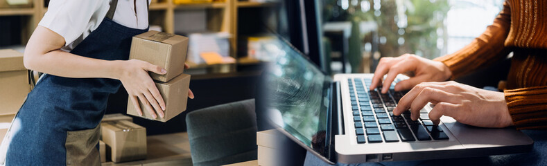 Startup small business entrepreneur or freelance Asian woman using a laptop with box, Young success...