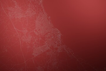 Map of the streets of Sousse (Tunisia) made with white lines on abstract red background lit by two lights. Top view. 3d render, illustration