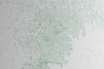 Fototapeta premium Map of the streets of Kampala (Uganda) made with green lines on white paper. 3d render, illustration