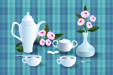 Coffe pot, cups, sugar and vase with flower. Still-life. Coffe time.