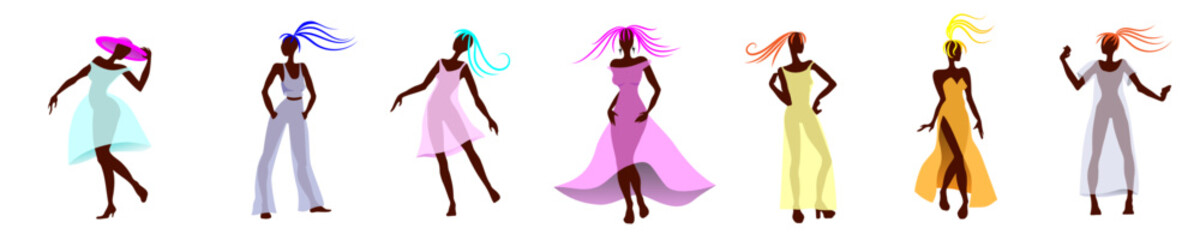 Obraz na płótnie Canvas Stylized silhouettes of young women. Set. Clip art. Vector illustration. 