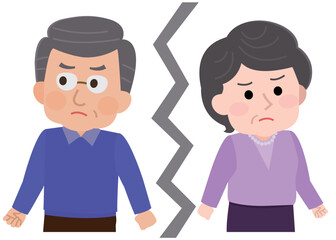 熟年離婚する夫婦　不仲な年配の男女　イラスト