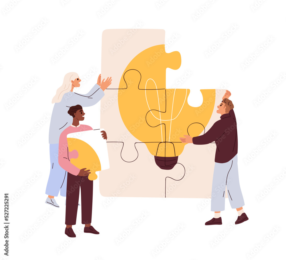 Aufkleber Brainstorm, teamwork concept. Business team discusses creative project, works with idea, lightbulb. Creation process, finding solution. Flat graphic vector illustration isolated on white background