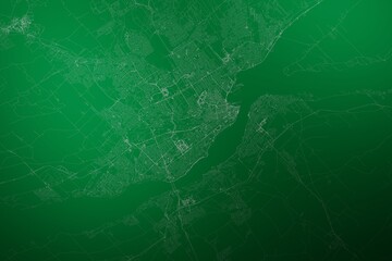 Map of the streets of Quebec (Canada) made with white lines on abstract green background lit by two lights. Top view. 3d render, illustration