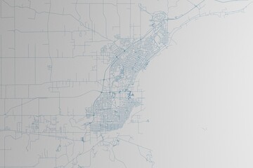 Map of the streets of Thunder Bay (Canada) made with blue lines on white paper. 3d render, illustration